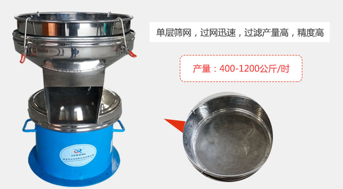 450過(guò)濾篩采用單層篩網(wǎng)，過(guò)網(wǎng)迅速，過(guò)濾產(chǎn)量高，精度高。