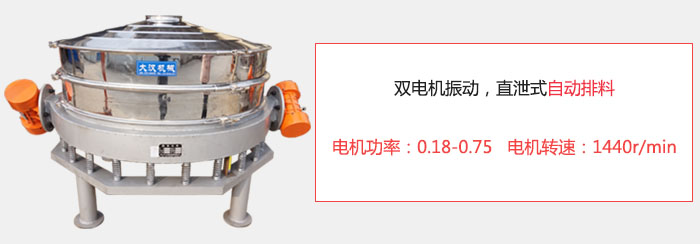 雙電機振動，直泄式自動排料電機功率：0.18-0.75   電機轉(zhuǎn)速：1440r/min。