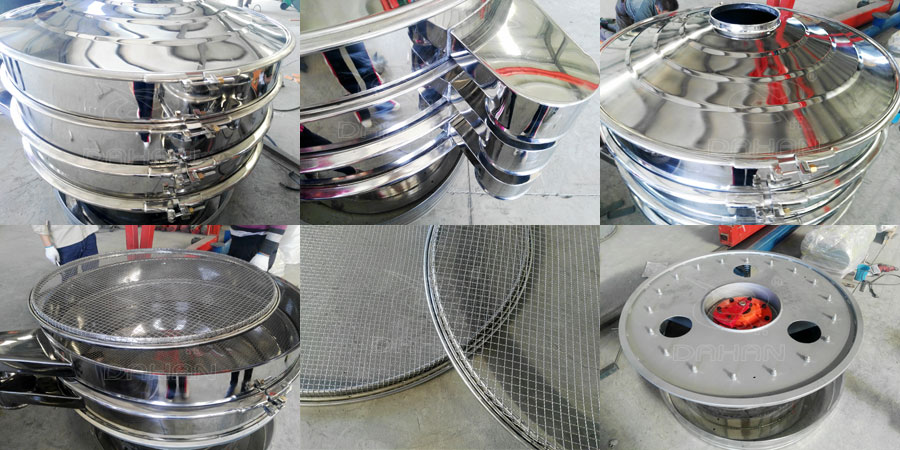 圓形振動篩結(jié)構(gòu)：出料口，底座，進料口，篩網(wǎng)等部件展示圖