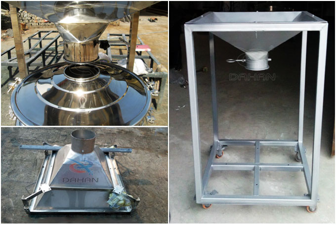 圓形振動篩料倉與進(jìn)料口連接處，料倉展示結(jié)構(gòu)圖