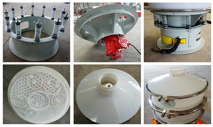 塑料振動(dòng)篩彈簧底座安裝，振動(dòng)電機(jī)安裝，篩網(wǎng)，防塵蓋等安裝圖片展示